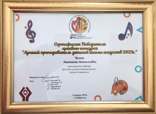Сертификат победителя краевого конкурса Анастасии Честной. Фото из Телеграм-канала главы г. Ставрополя