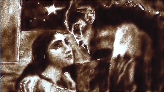 Кадр из спектакля «Демон», выполненного в технике песочной анимации.