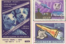 Собаки-космонавты были очень популярны не только в Советском Союзе, их изображения были везде, в том числе на почтовых марках и спичечных коробках.
